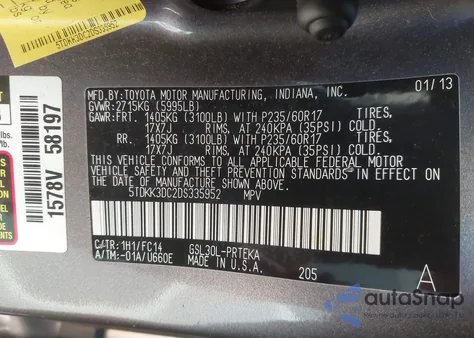 2013 Toyota Sienna Le V6 8 Passenger from USA, damaged, VIN 5TDKK3DC2DS335952